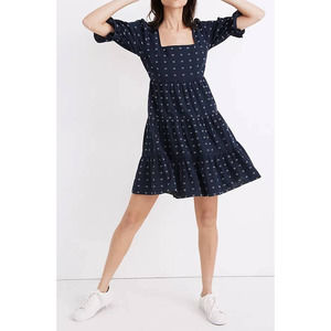 Madewell Square-Neck Puff-Sleeve Babydoll Dress Navy Blue 8